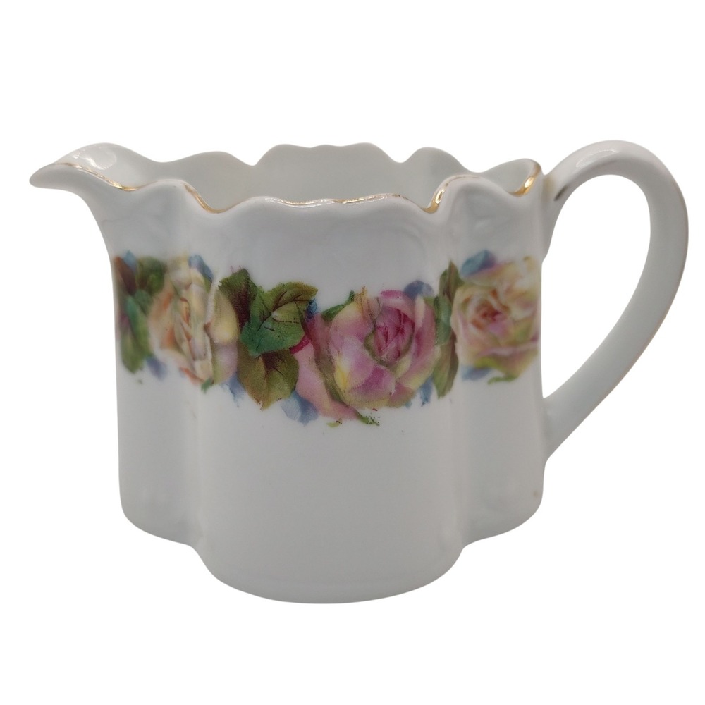 Antique‎ Z S Co Bavaria Creamer Porcelain Pitcher Pink Cabbage Rose Pattern Gilt